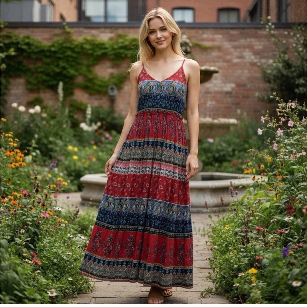 Patrons of Peace Boho Maxi Dress – Size S – Multicolor Floral Sundress